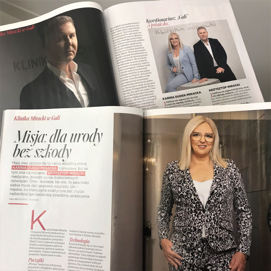 Karina Dudek-Miracka i Krzysztof Miracki zbudowali pozycję kliniki Miracki na ścieraniu się swoich poglądów i pomysłów. Zapraszamy na zabiegi w naszych klinikach w Warszawie, Katowicach, Łodzi i Krakowie.